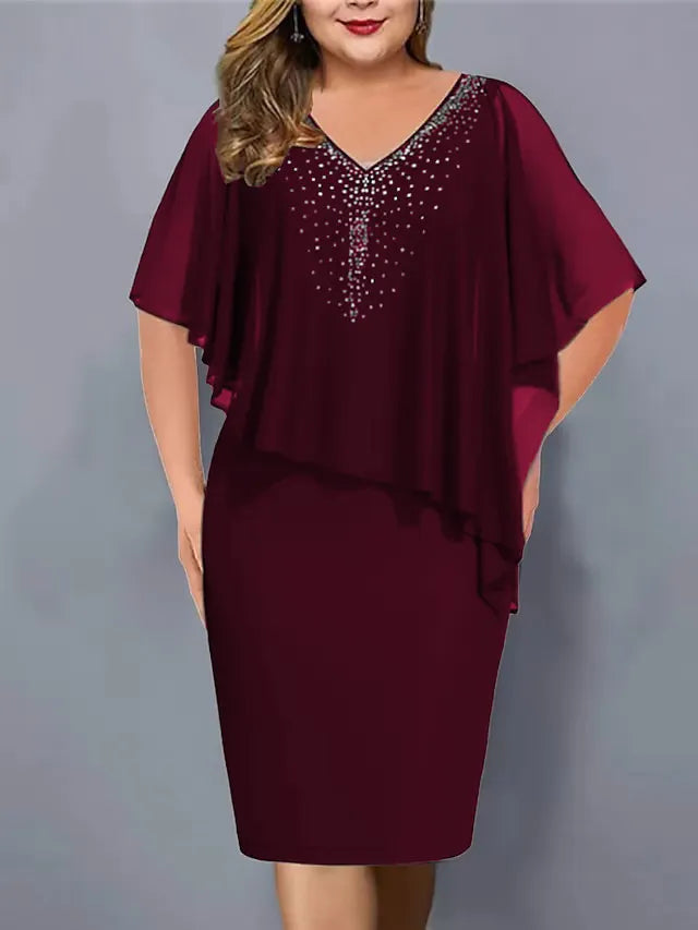 Sylviana - Rhinestone-Embellished Chiffon V-Neck Dress