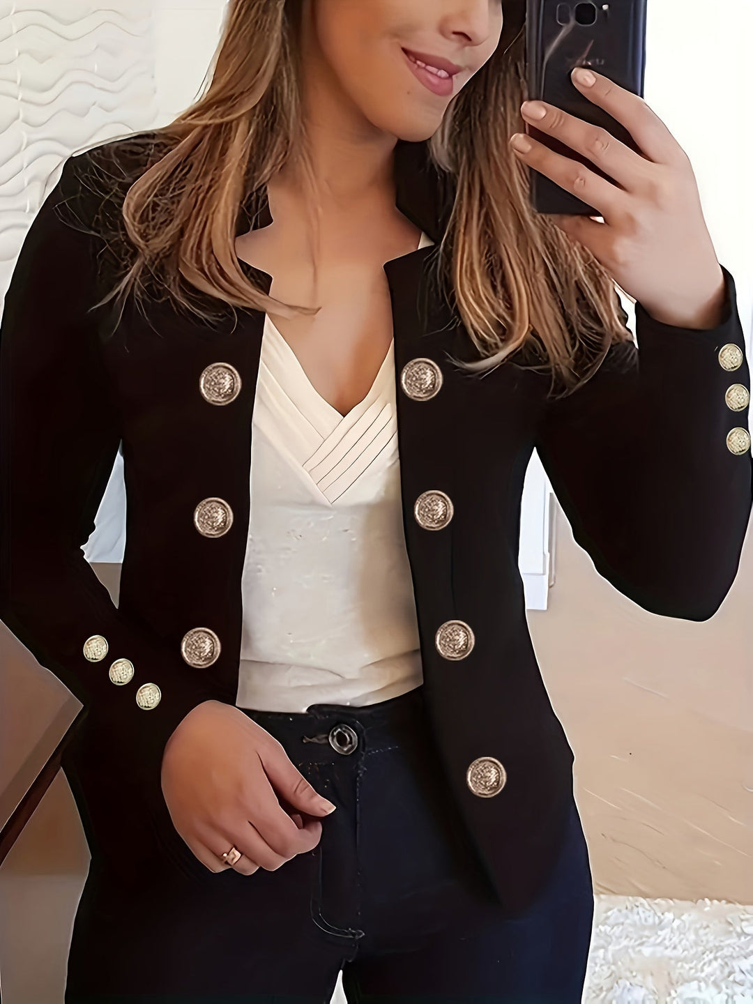Neriuva - Front Double Breasted Cuff Long Sleeve Blazer