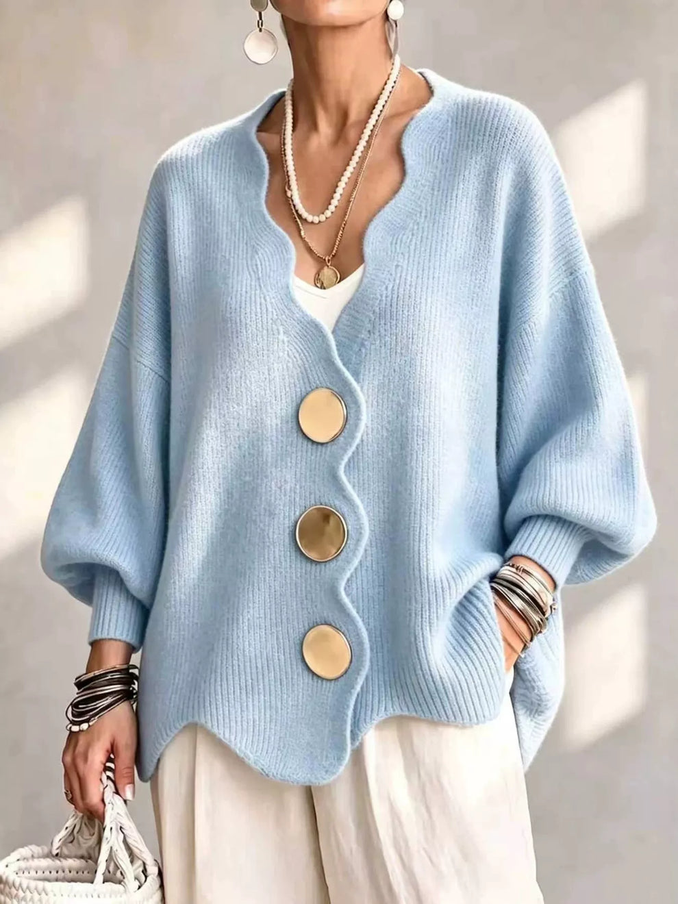 Zabriira - Button-Up Cardigan With Scalloped Edge