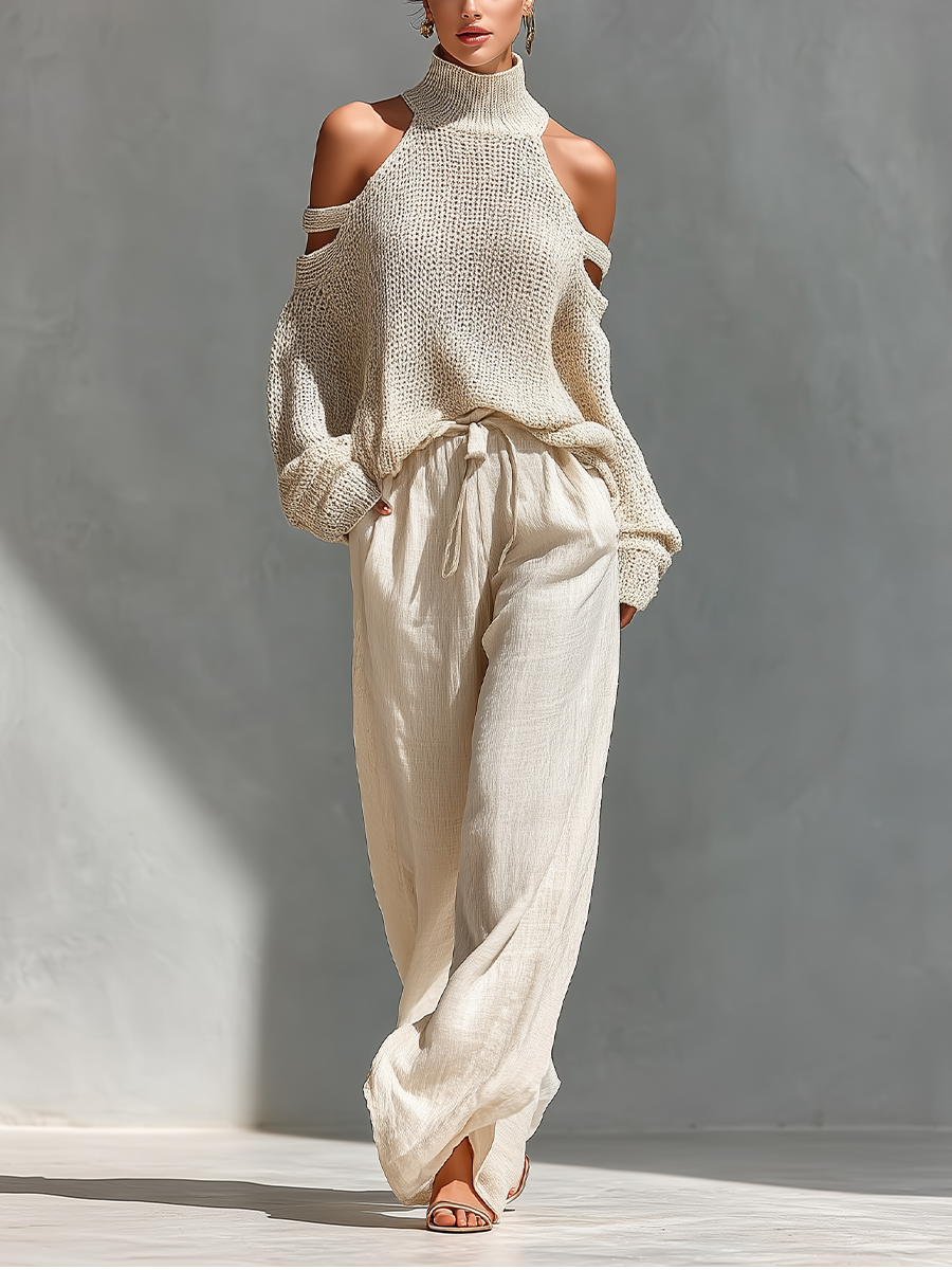 Elyzia - Knitted Top And Wide Leg Trousers Set