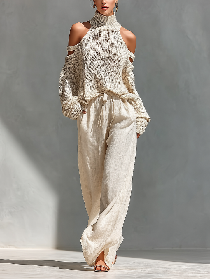 Elyzia - Knitted Top And Wide Leg Trousers Set