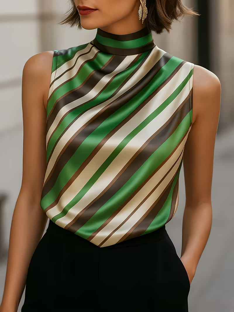 Alyza - Striped Satin High-Neck Sleeveless Top