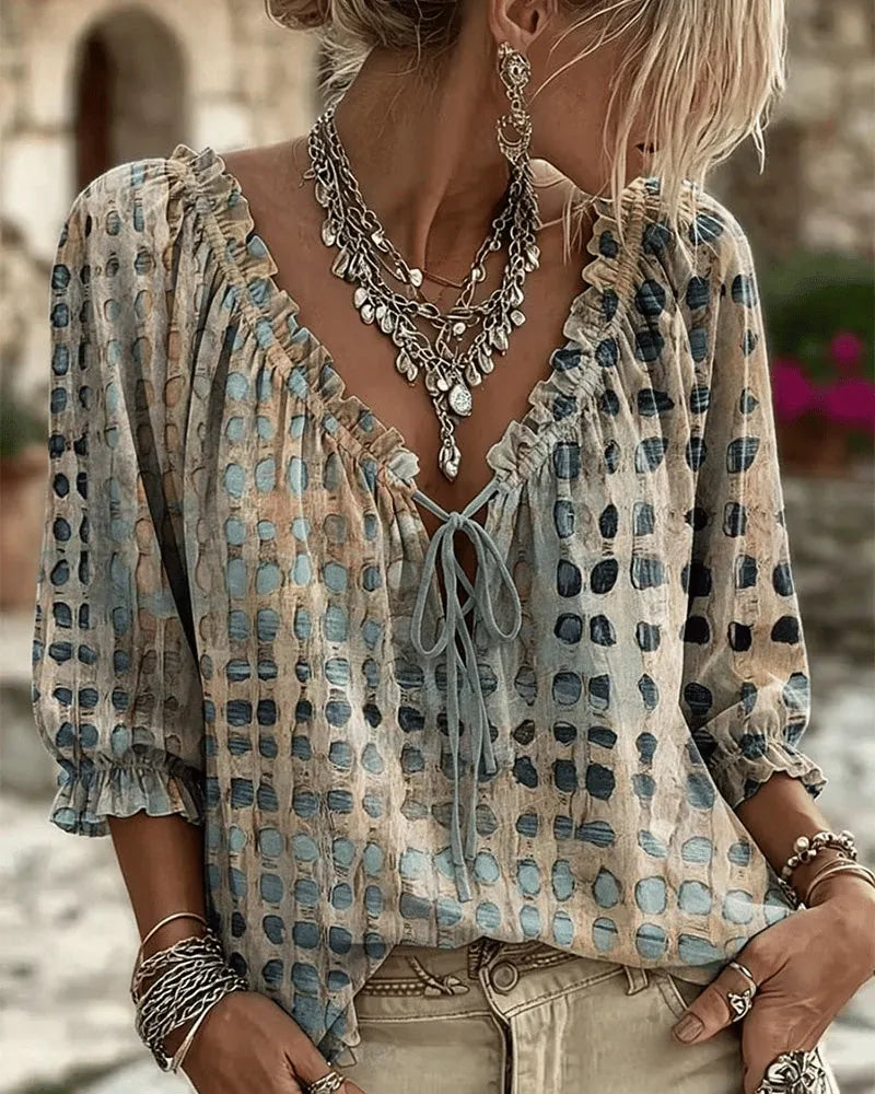 Orlyna - Polka Dot Lace Up Blouse With V-Neck