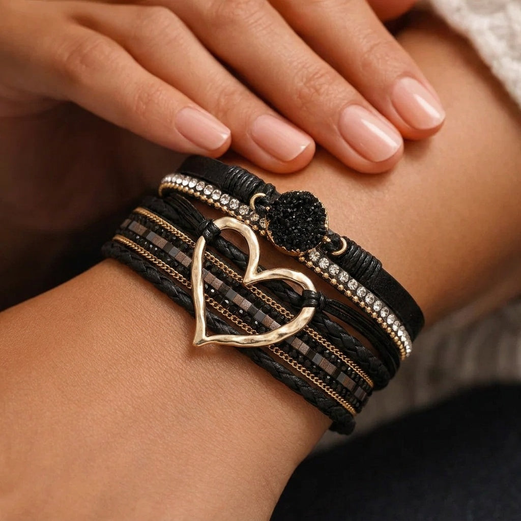 Reyn - Heart Charm Layered Leather Bracelet