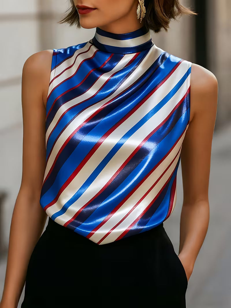 Alyza - Striped Satin High-Neck Sleeveless Top