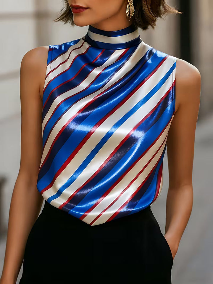 Alyza - Striped Satin High-Neck Sleeveless Top