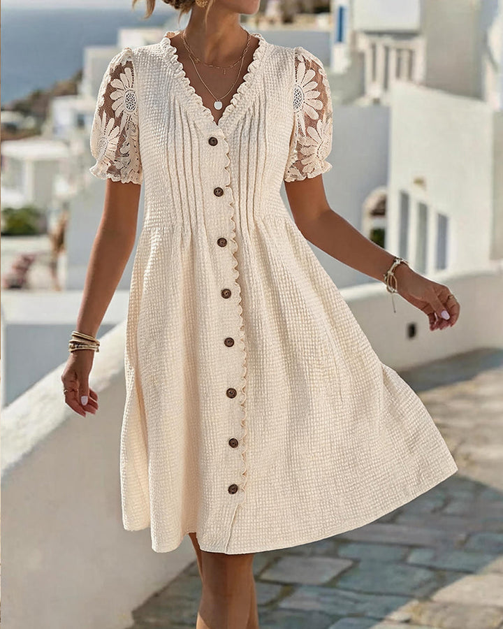 Deneke - Sunflower Lace Patchwork Balloon Sleeve Dress