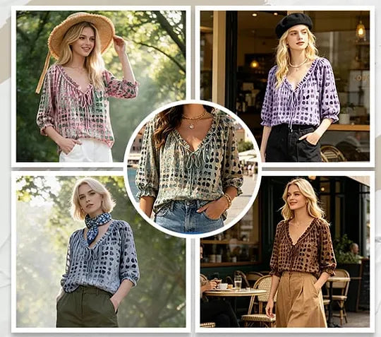 Orlyna - Polka Dot Lace Up Blouse With V-Neck