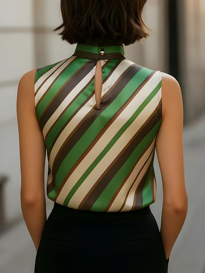 Alyza - Striped Satin High-Neck Sleeveless Top