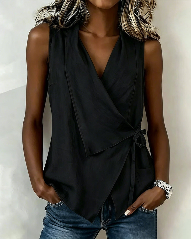 Anily - Plain Cotton-Linen Wrap Tank Top