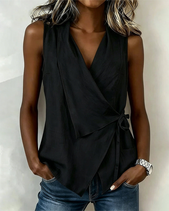 Anily - Plain Cotton-Linen Wrap Tank Top