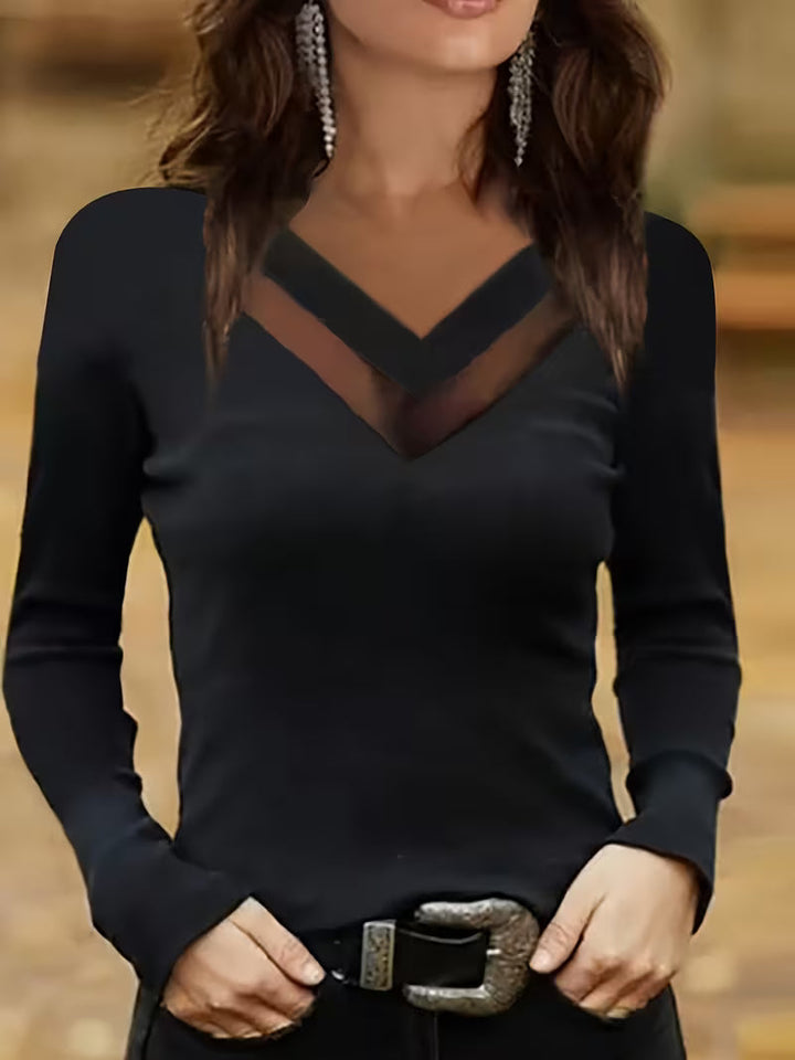 Mesha- V-neck Mesh Insert Long Sleeve Top