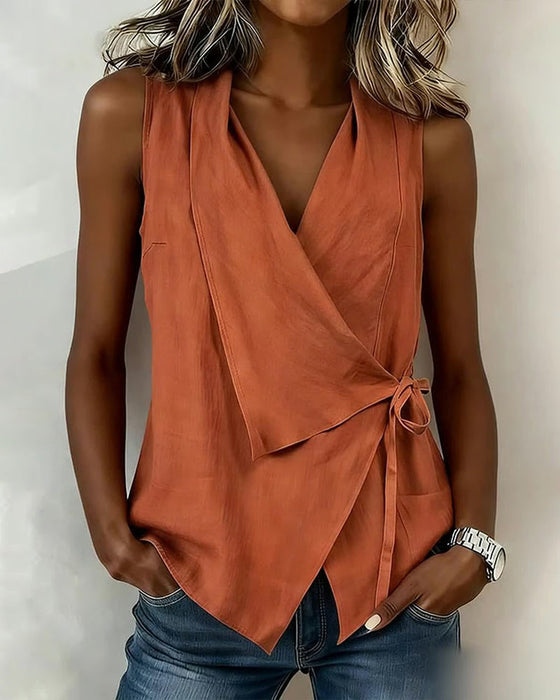 Anily - Plain Cotton-Linen Wrap Tank Top