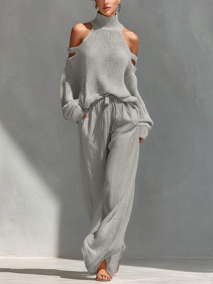 Elyzia - Knitted Top And Wide Leg Trousers Set