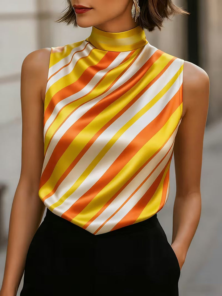 Alyza - Striped Satin High-Neck Sleeveless Top
