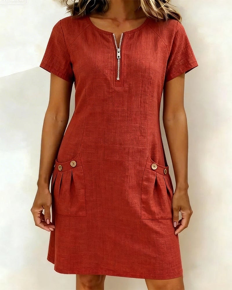 Krystan - Short Sleeve Utility Dress With Front Zip