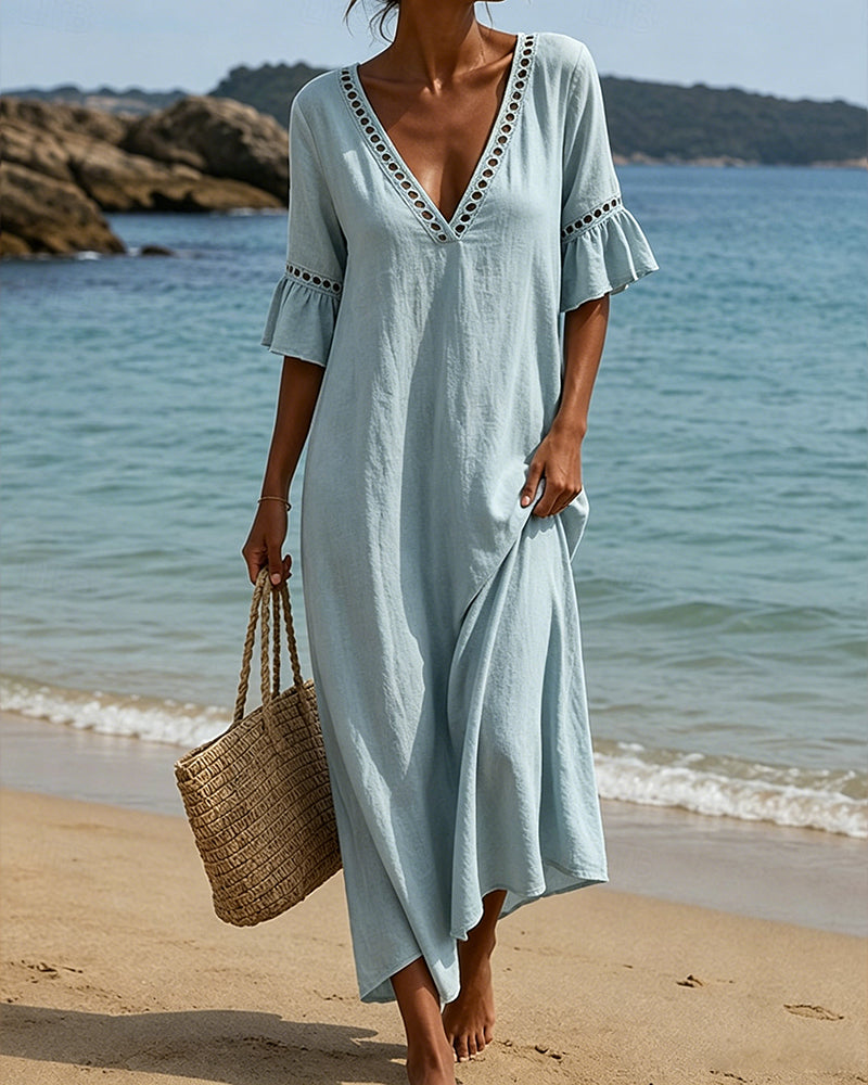 Nellina - Deep V-neck Dress With Ruffled
