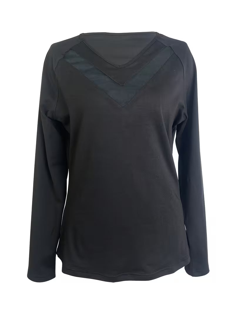 Mesha- V-neck Mesh Insert Long Sleeve Top