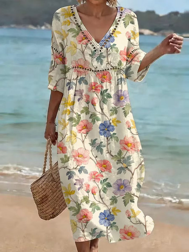 Nona - Cotton Linen Dress With Floral Print
