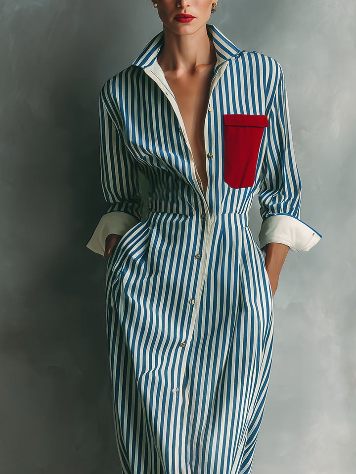 Makeda - Striped Shirt Dress With Chest Pocket