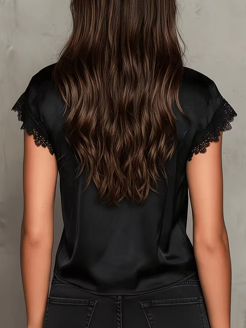 Neeta - Satin Lace-Trim V-Neck Top