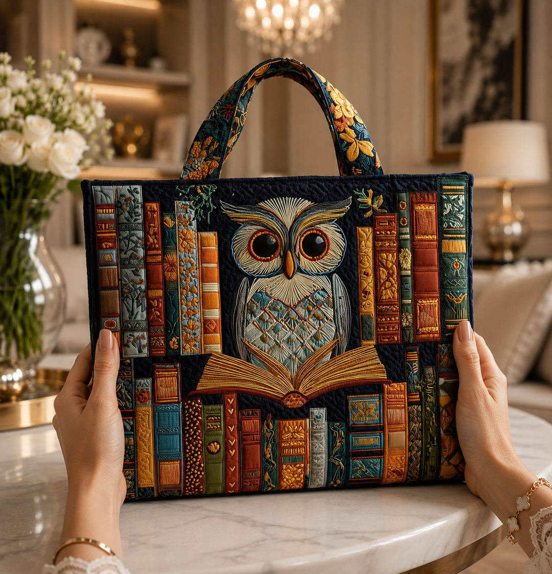 Tyliana - Embroidered Owl Library Quilted Tote Bag
