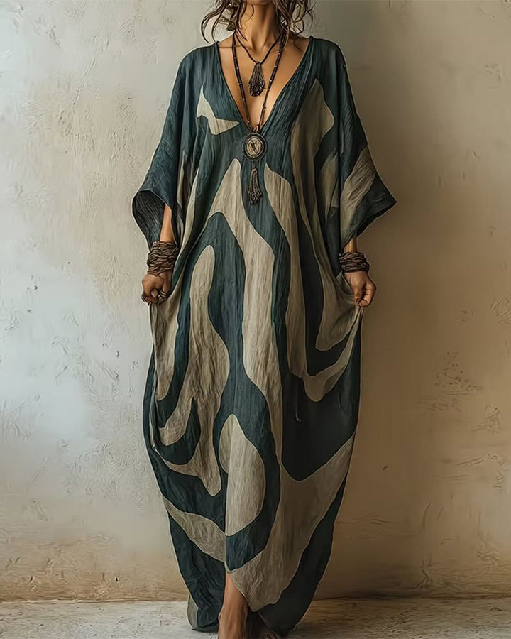 Valarien - V-Neck Abstract Pattern Loose Maxi Dress