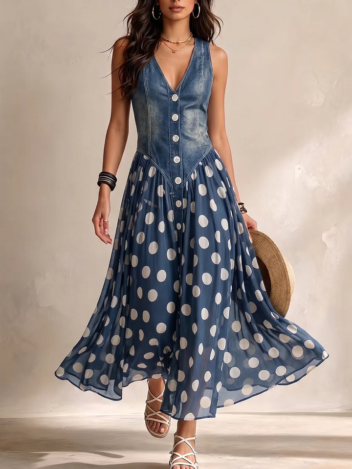 Vylina - Denim Dress With Polka Dot Chiffon Skirt