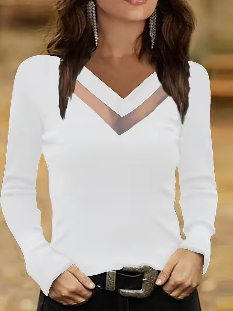 Mesha- V-neck Mesh Insert Long Sleeve Top