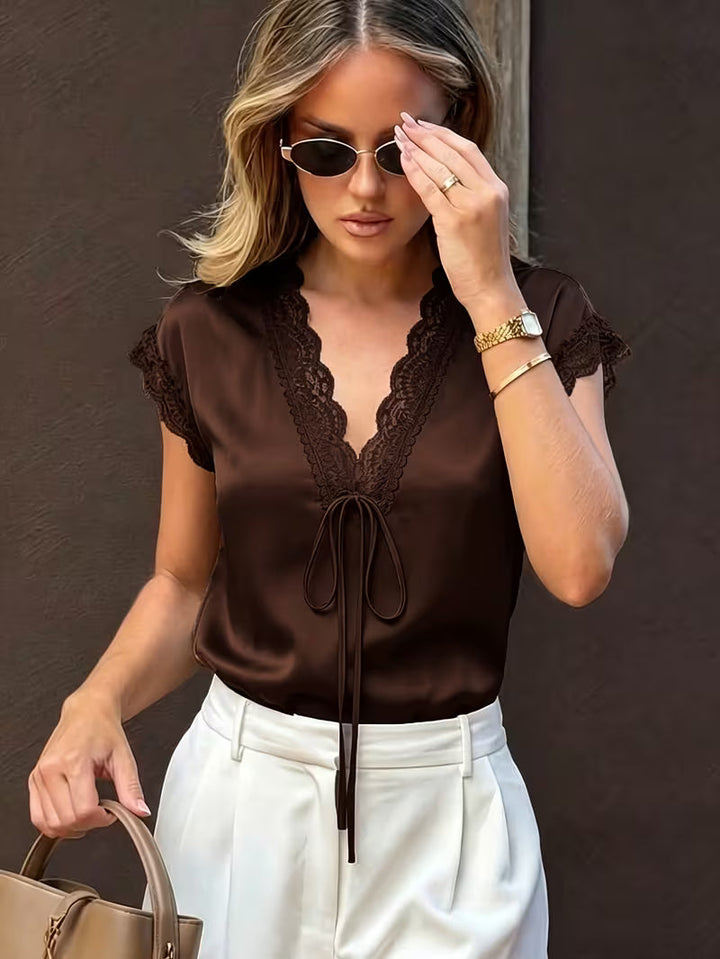 Neeta - Satin Lace-Trim V-Neck Top