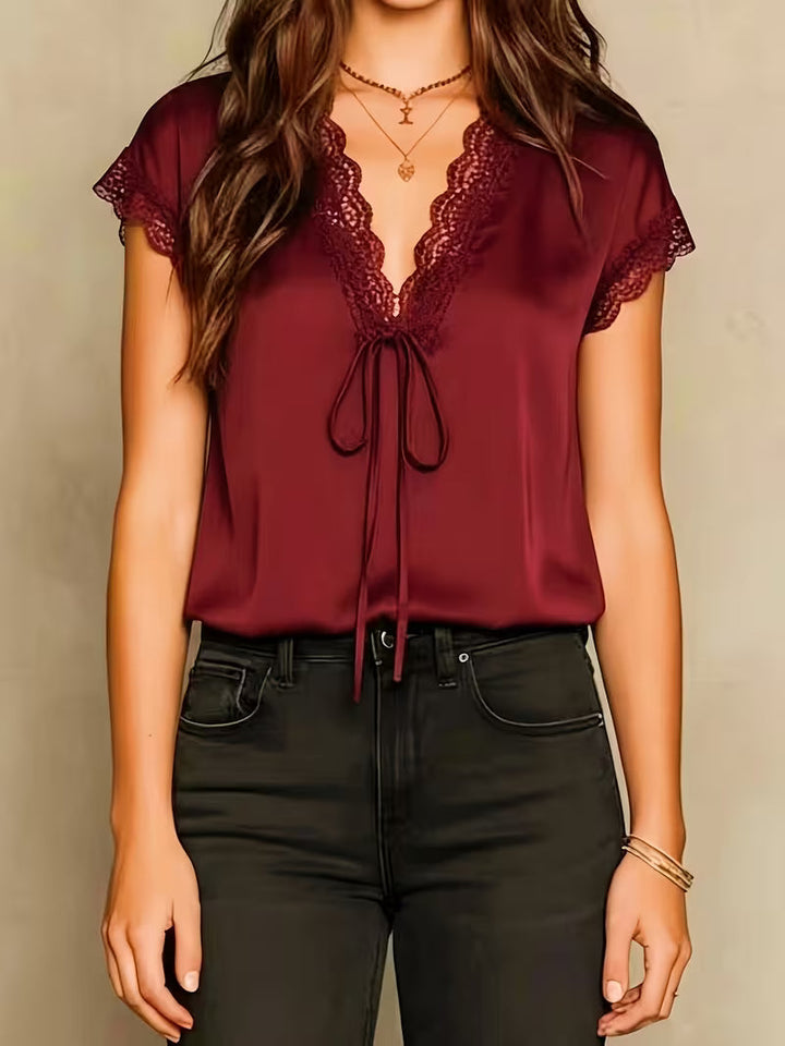 Neeta - Satin Lace-Trim V-Neck Top