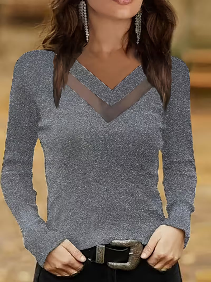 Mesha- V-neck Mesh Insert Long Sleeve Top
