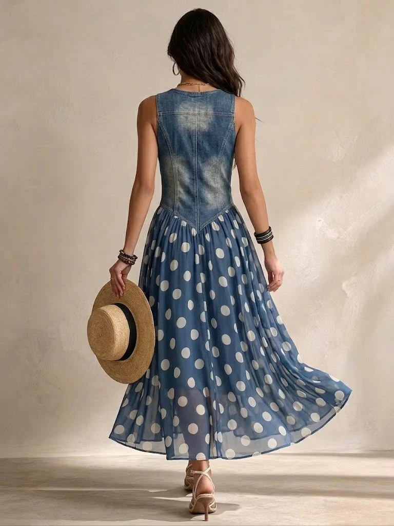 Vylina - Denim Dress With Polka Dot Chiffon Skirt