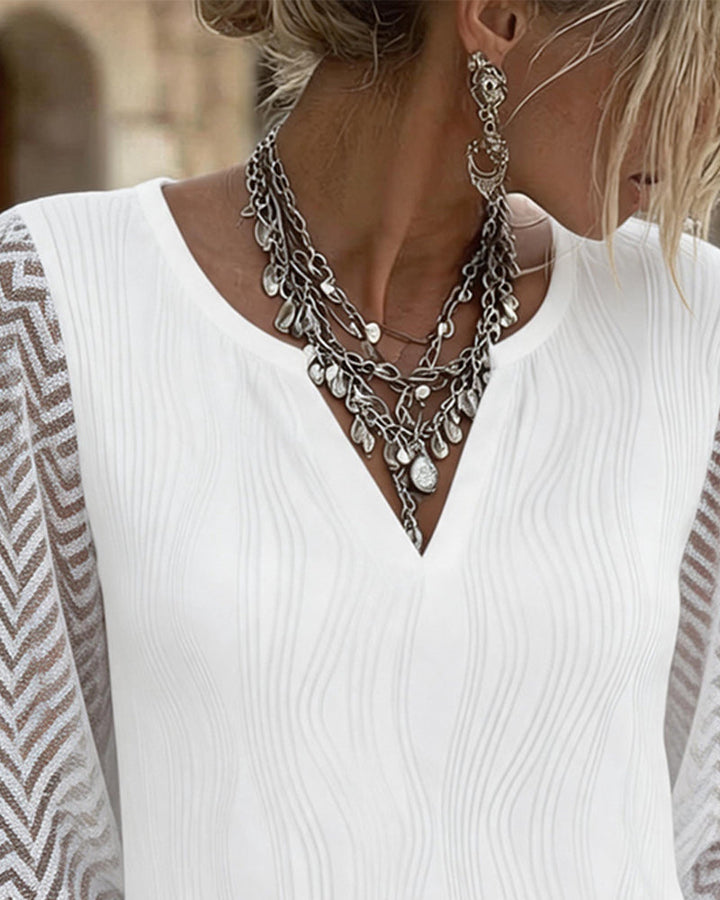 Lynella - Textured V-Neck Lace Sleeve Blouse