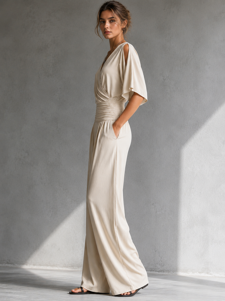 Greene - Wrap-Front Cold Shoulder Wide Leg Jumpsuit
