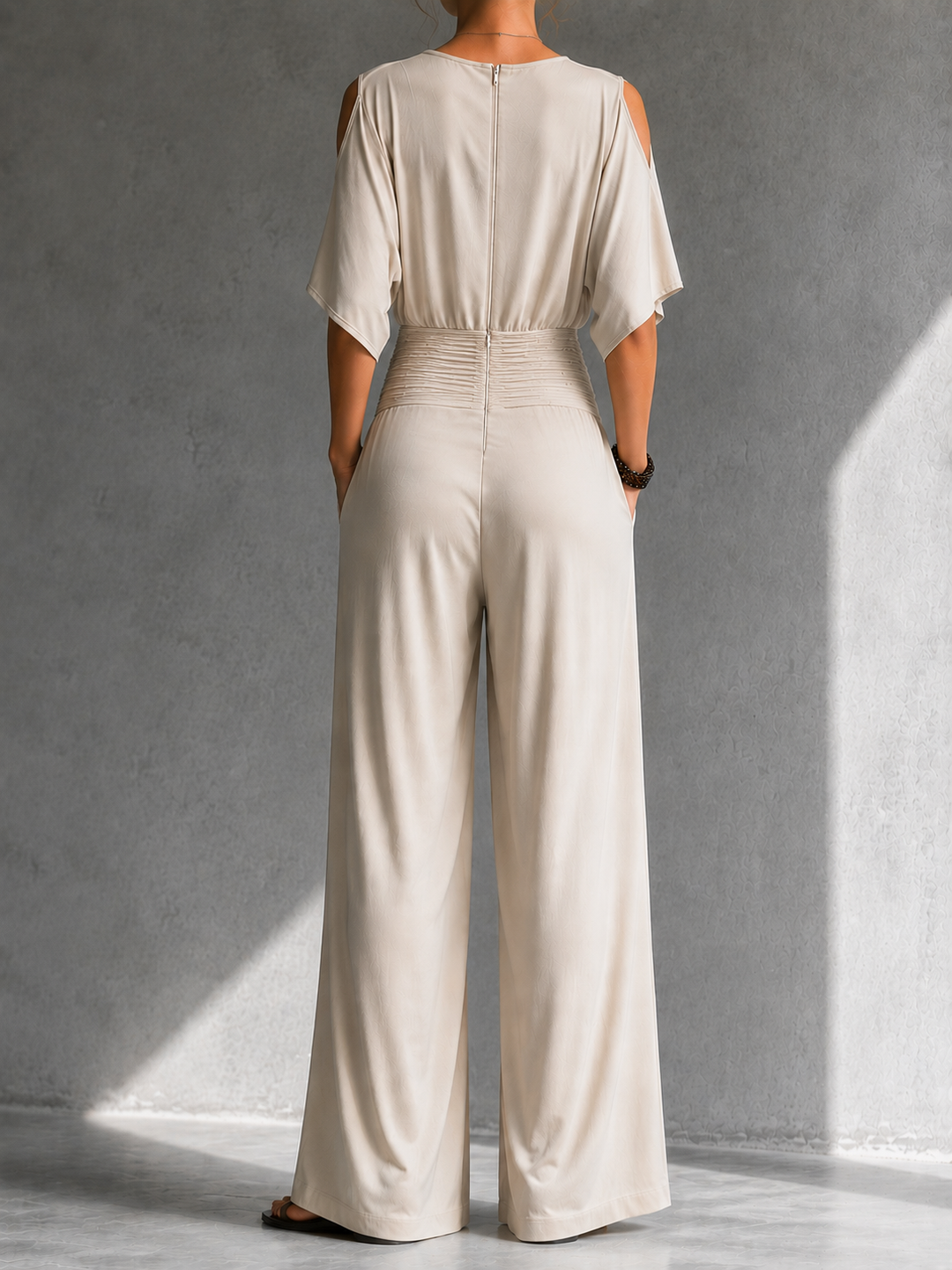 Greene - Wrap-Front Cold Shoulder Wide Leg Jumpsuit