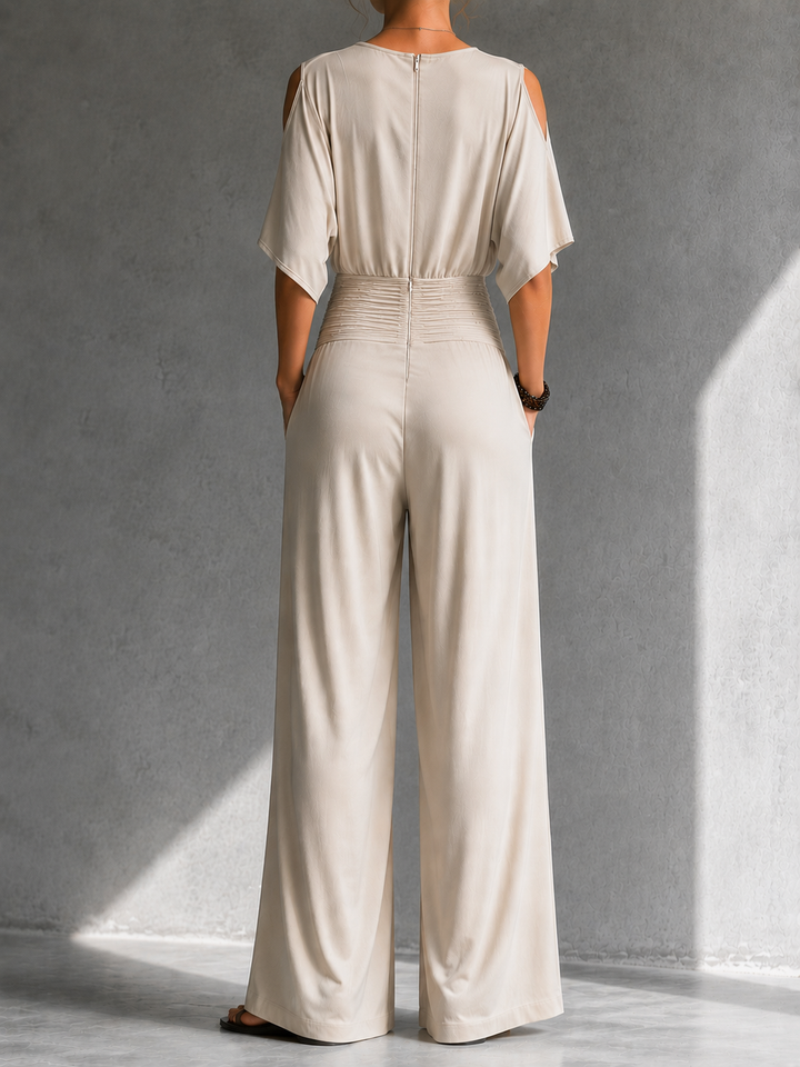 Greene - Wrap-Front Cold Shoulder Wide Leg Jumpsuit