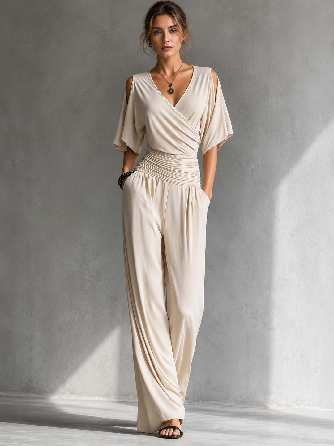 Greene - Wrap-Front Cold Shoulder Wide Leg Jumpsuit
