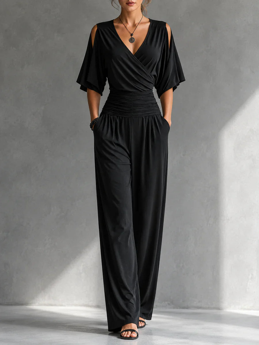 Greene - Wrap-Front Cold Shoulder Wide Leg Jumpsuit