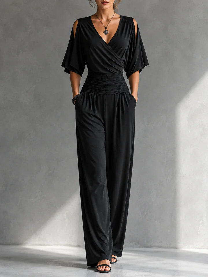 Greene - Wrap-Front Cold Shoulder Wide Leg Jumpsuit