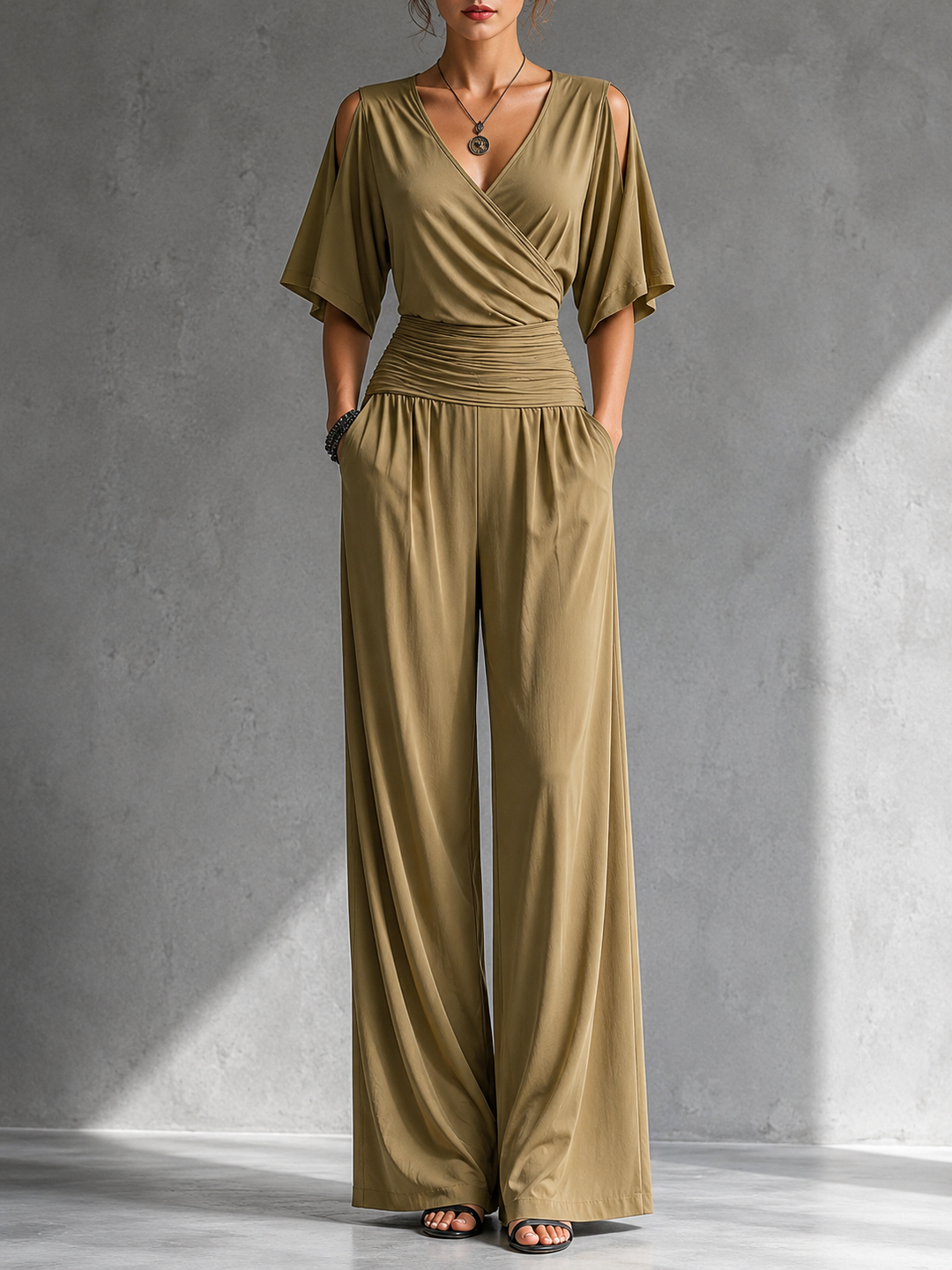 Greene - Wrap-Front Cold Shoulder Wide Leg Jumpsuit