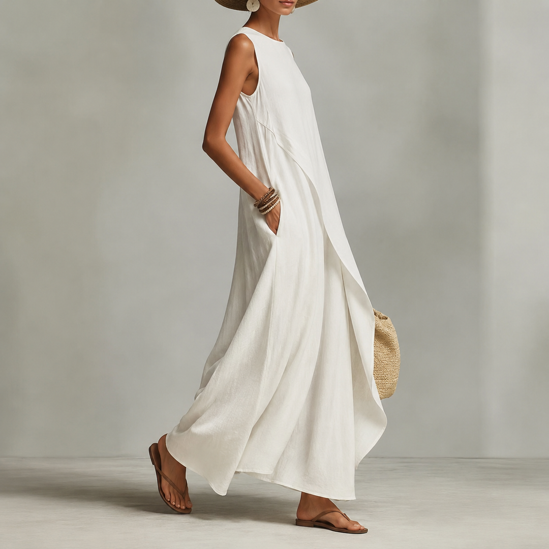 Hishina - Sleeveless Asymmetrical Linen Maxi Dress