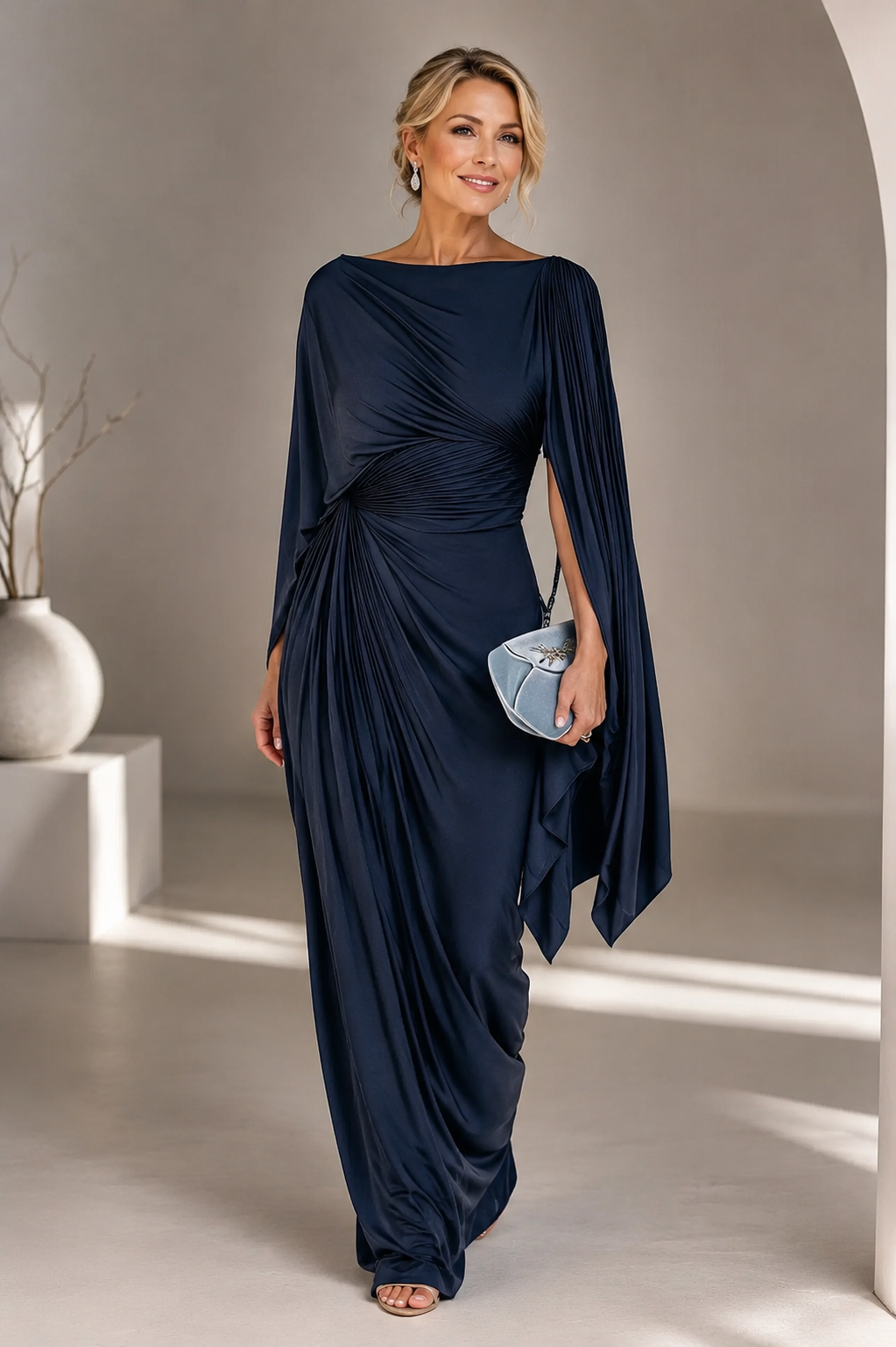 Mirona - Pleated Maxi Dress With a Cape