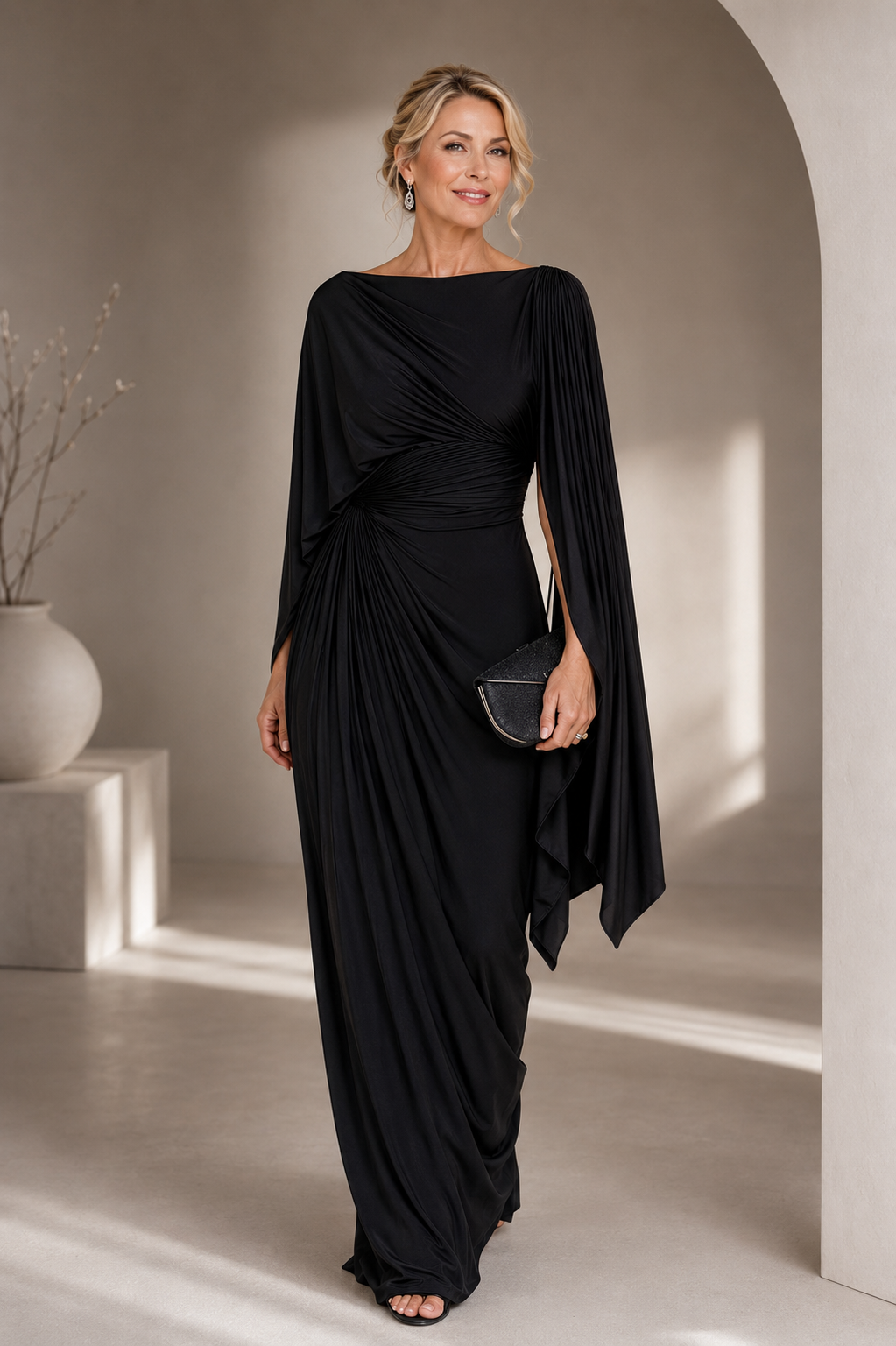 Mirona - Pleated Maxi Dress With a Cape
