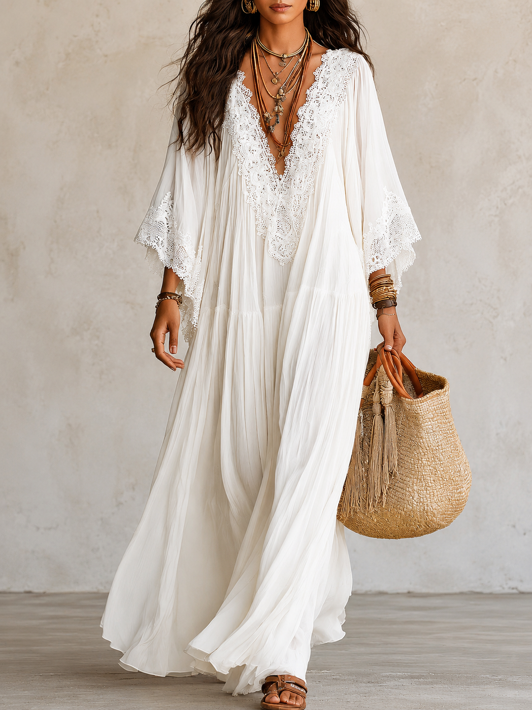 Shimmila - Chiffon Batwing Sleeve Lace Maxi Dress