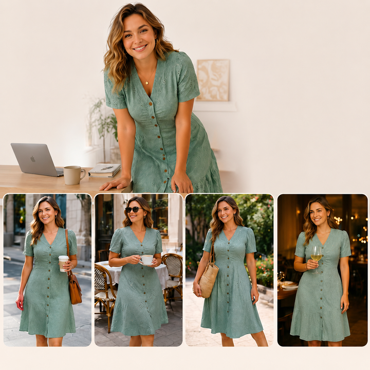 Stellah - Elegant Puff Sleeves Midi Dress
