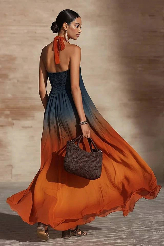 Naeela - Halter/V-neck Ombre Maxi Dress