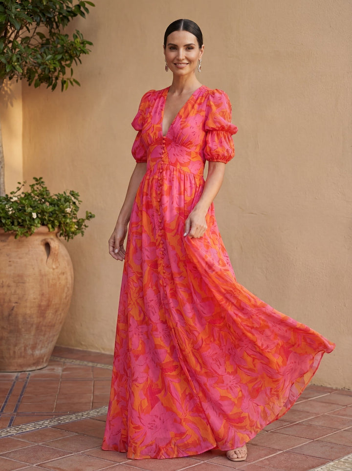 Zinnia - Vibrant Floral V-Neck Maxi Dress