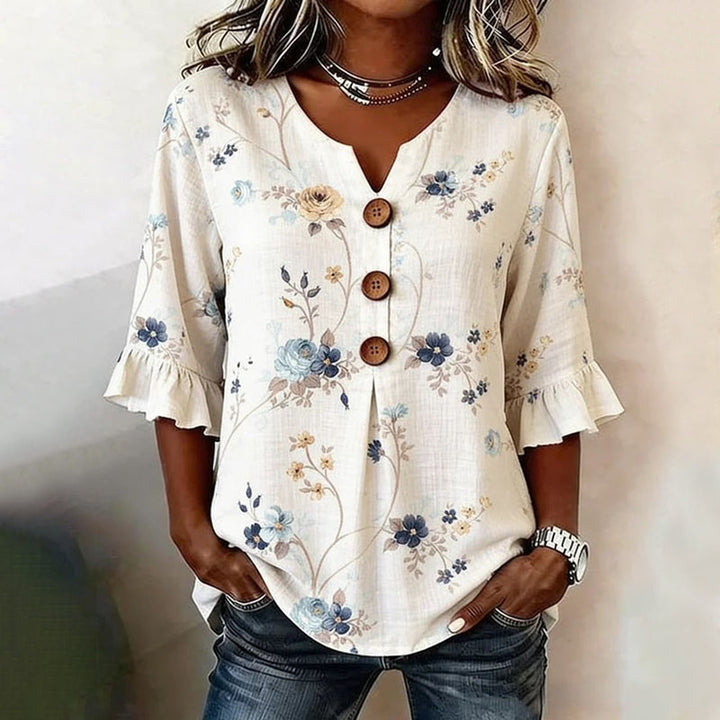 Kulap - Floral Button-Up Blouse with Ruffle Sleeve