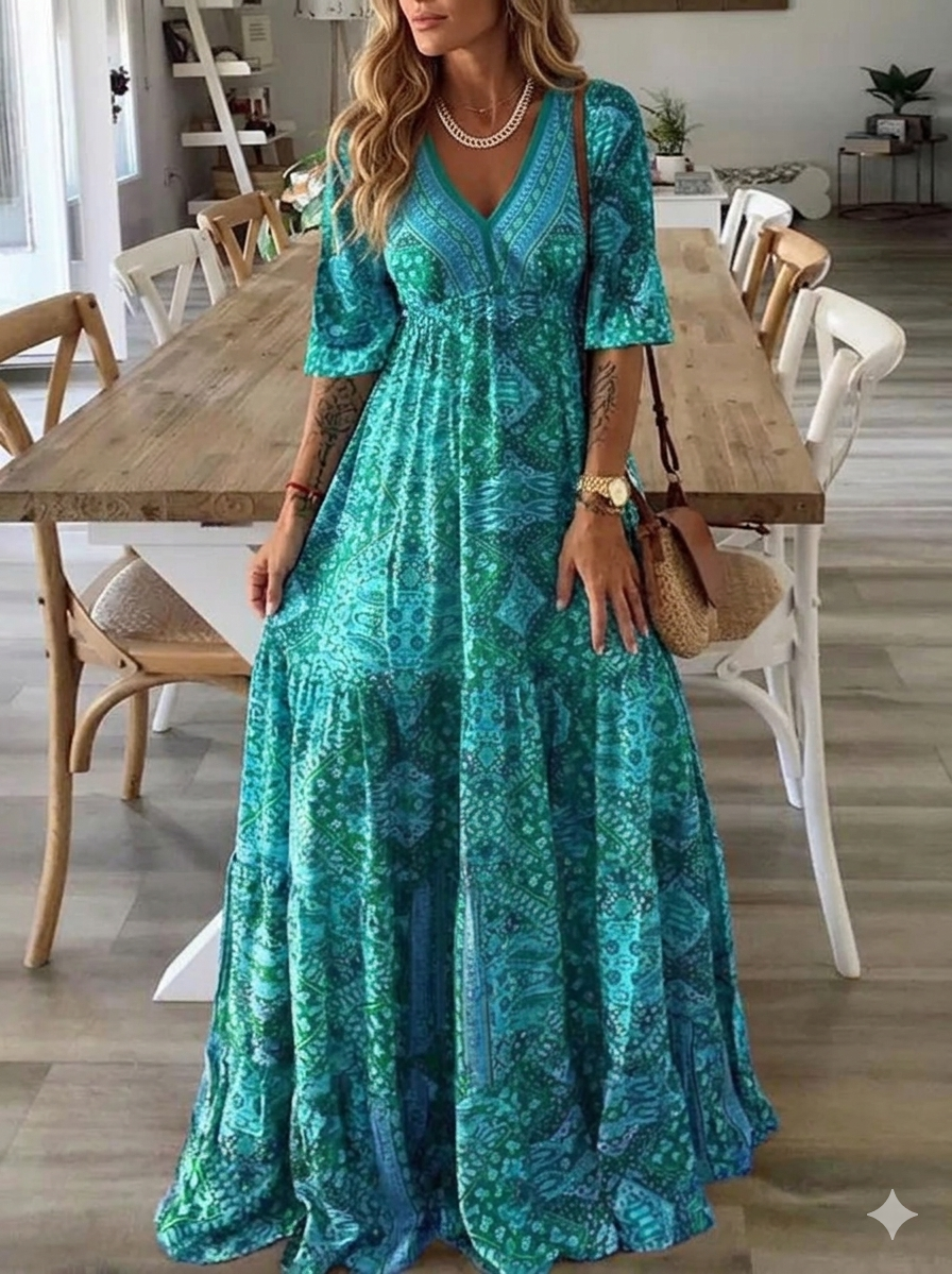 Bettie - Bohemian Pattern Half Sleeve Maxi Dress